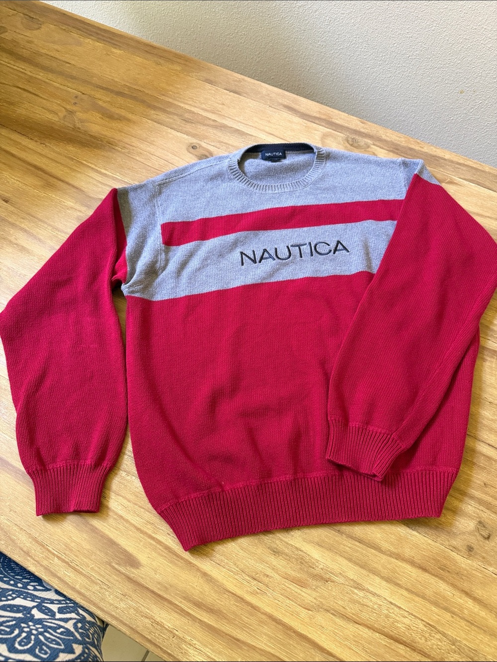 Old School Men’s Nautica Red and Gray Colorblock Crewneck Sweater